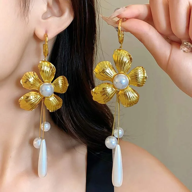 

Exaggerated Silver Needle Flower Drop Pearl Earrings Vintage Mid-century Women's Faion Jewelry Ele Court Sle