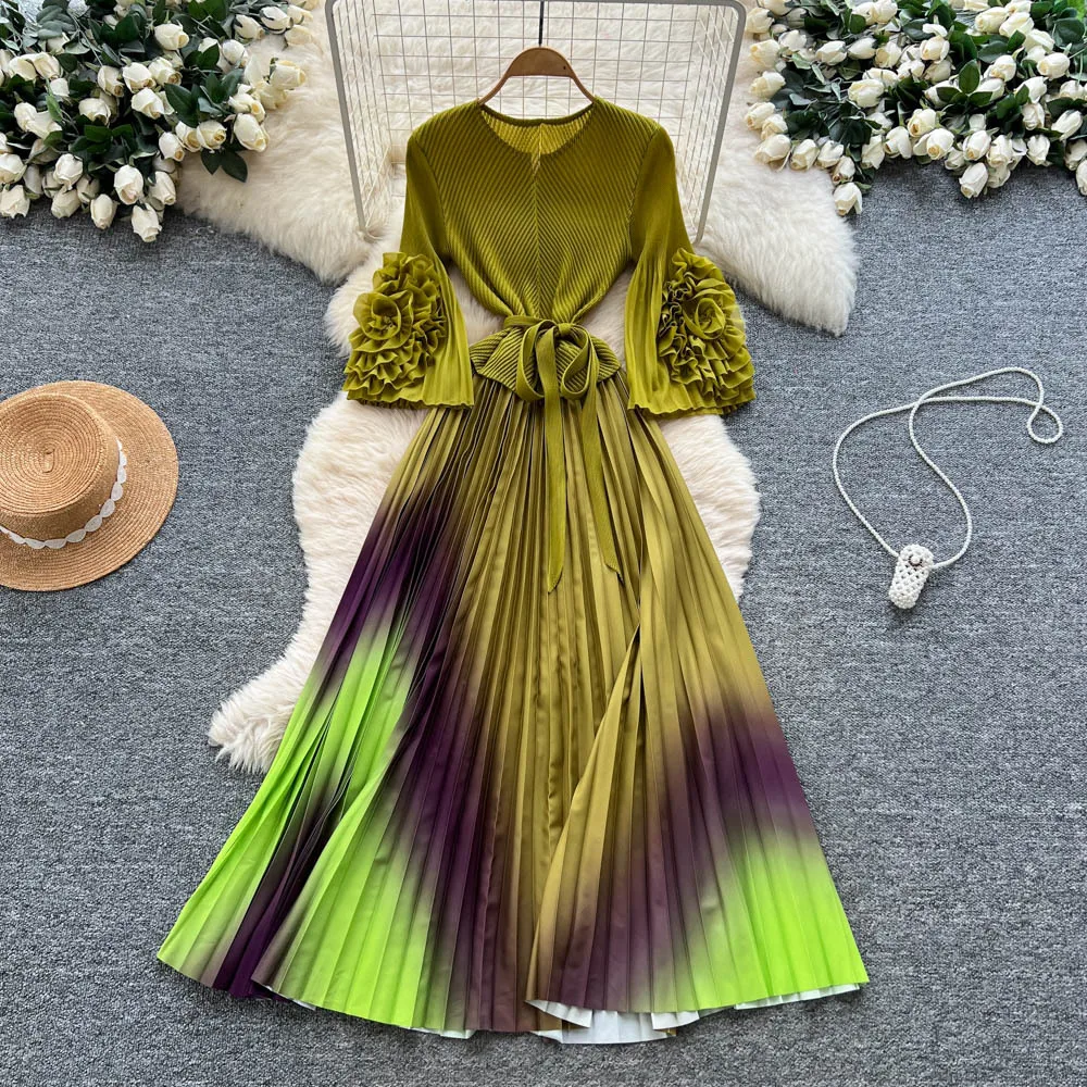 

Women Pleat Dresses Gradient Dress Long Sleeve Round Collar 3d Flower Ankle Length Lace Loose Elegant Casual 2025 Autumn Winter