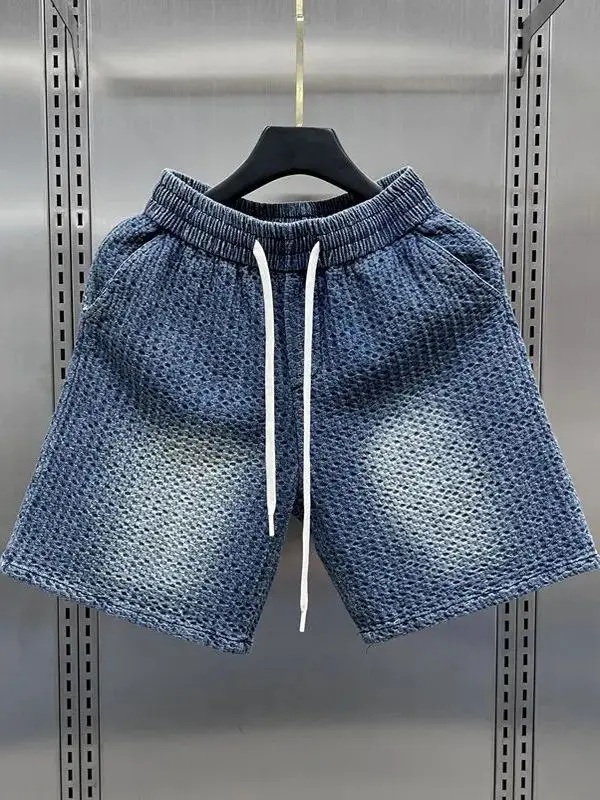 

Летние новые тонкие джинсовые брюки из тканого денима для мужчин, модные брендовые свободные повседневные джинсы длиной до колена.