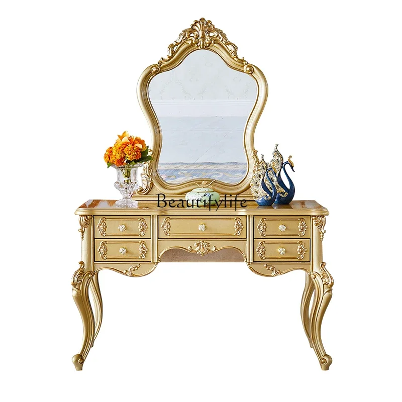 

pg45European solid wood carving flower dresser American retro luxury villa bedroom champagne gold