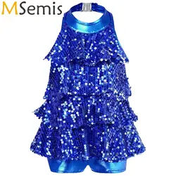 Ropa de baile de Ballet de gimnasia para niños y niñas, Halter vestido ajustado con cuello corto, lentejuelas brillantes, trajes de actuación de baile latino de Jazz moderno