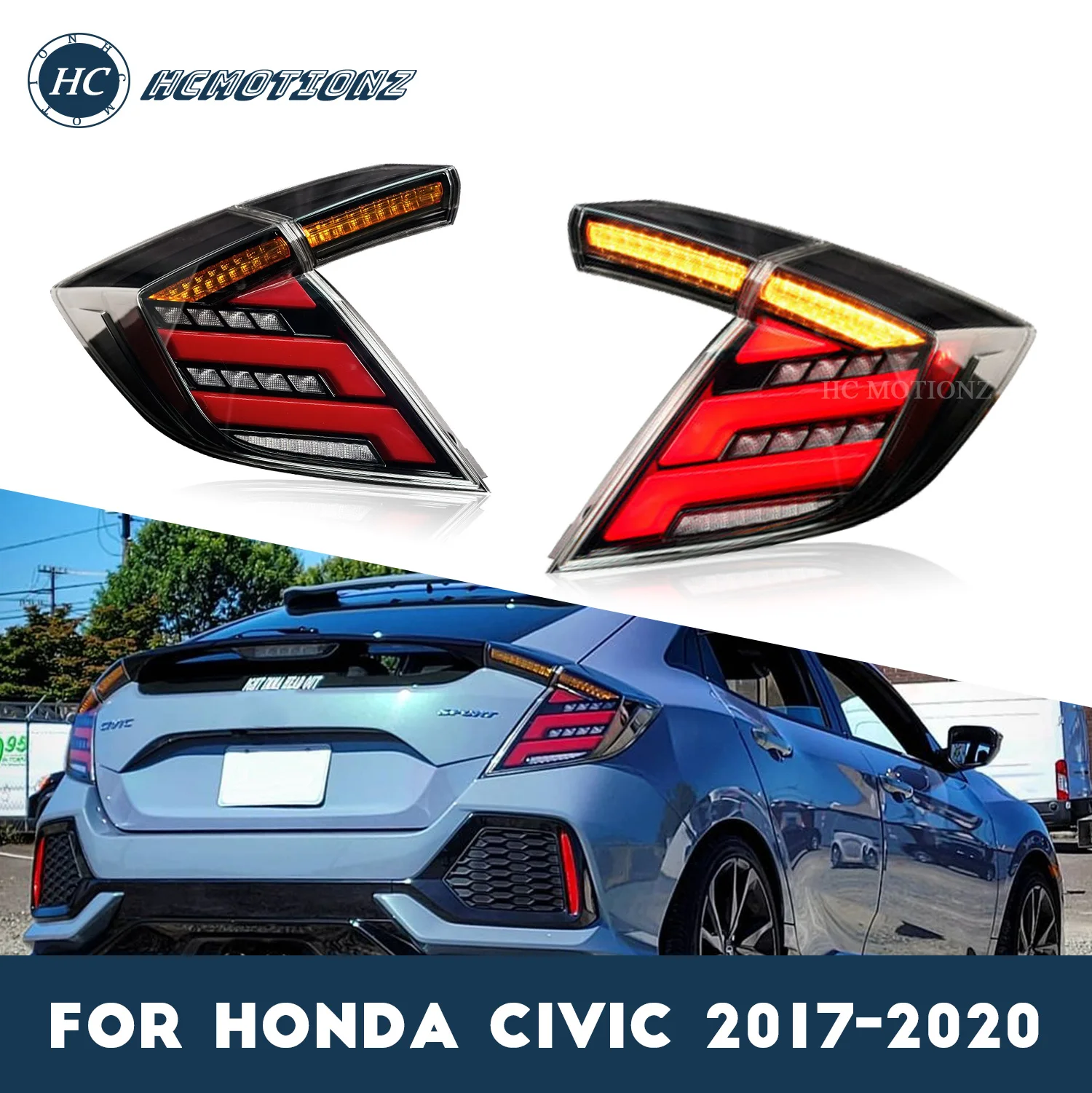 HCMOTIONZ LED Tail Lights Assembly For Honda Civic Hatchback 2017-2021 LED FK7 FK8 Start UP Animation Dynamic Turn Signal