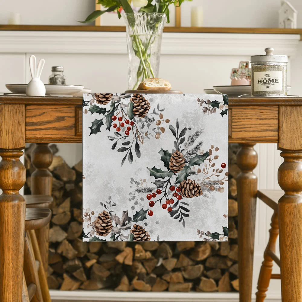 Christmas Holly Berry Fir Pine Cone Table Runners Dresser Table Decor Farmhouse Dining Table Runner Holiday Party Decoration