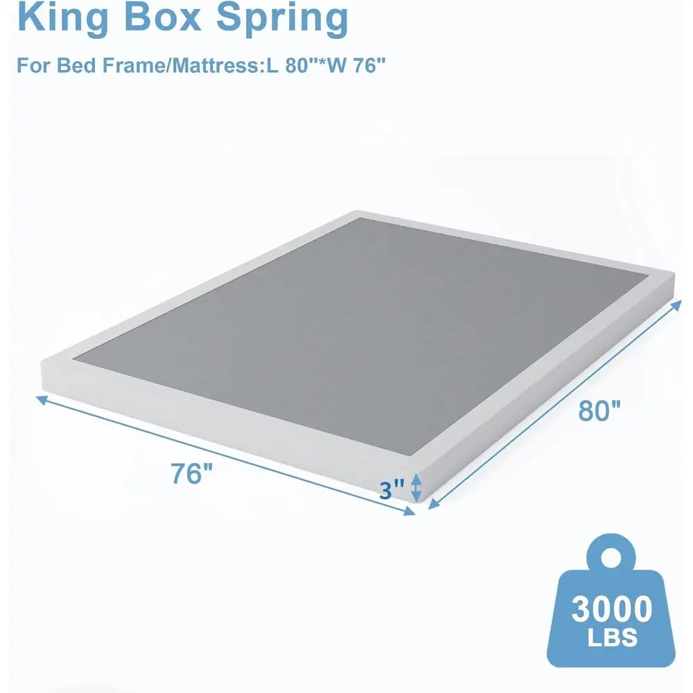 King Size 3 Inch Low Profile Box Spring, Heavy Duty Mattress Foundation, Metal Base with Noise Reduction, Non-Slip, Easy Assembl