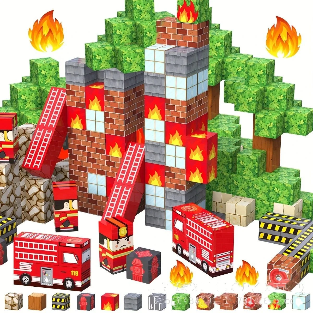 Ensemble d'aimants de construction de camion de pompiers, blocs magnétiques de service de pompiers, jouet pour enfants, STEM Montessori, Cubes créatifs sensoriels