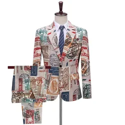 Personality Letter Graffiti Men's Suit Coat And Pants Two Piece Outfits Bar Nightclub DJ Singer Dance Stage Performance Costume