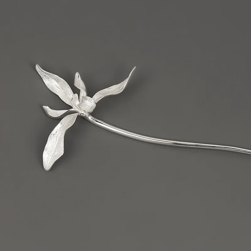Amxiu Sterling Silver 925  Konggu  Hairpin New Chinese National Style Elegant Simple Orchid Floral Artistic Hair Accessory
