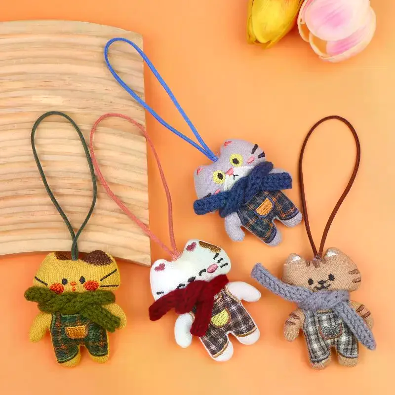 Cute Cat Plush Keychain, Mini Scarf Kitten Doll Pendant for Backpack Car Key Decor