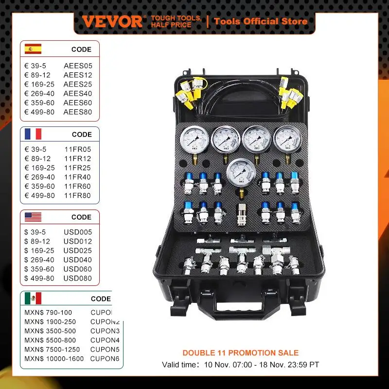 VEVOR Hydraulic Pressure Test Kit 10/100/250/400/600bar 5 Gauges 13 Test Couplings 14 Tee Connectors 5 Test Hoses w/Sturdy Case