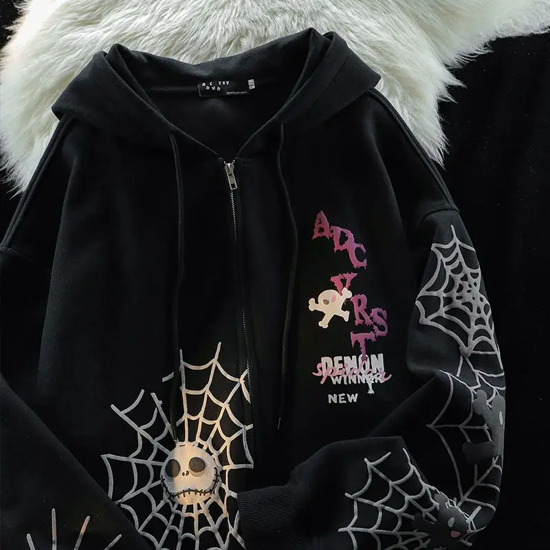 American spider print cardigan hooded sweatshirt plus velvet thickening men and women ins fashion brand loose thin couple coat