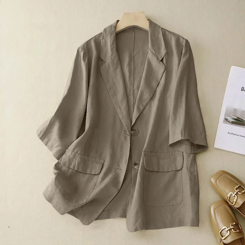 Women's Vintage Short Sleeve Blazers, Korean Style Outerwears, Mid Length, Tailored Collar Coats, Casual Tops, Summer