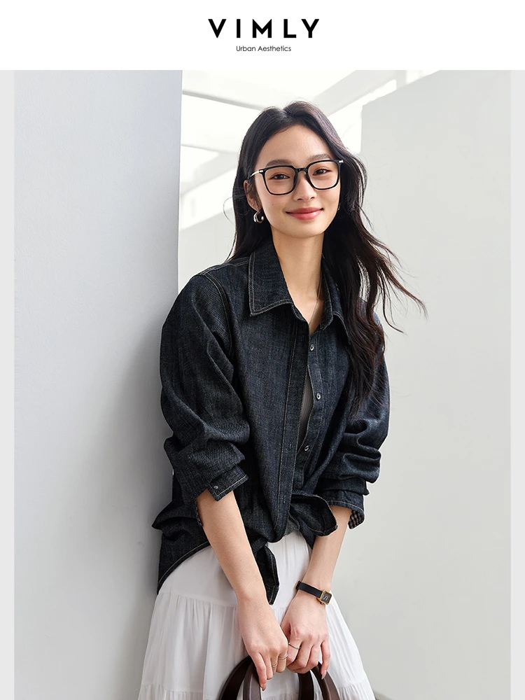 VIMLY Women's Denim Shirt Spring 2025 Black-Grey Cotton Mid-Length Turn-down Collar Jacket Korean-style Relaxed Fit A0178