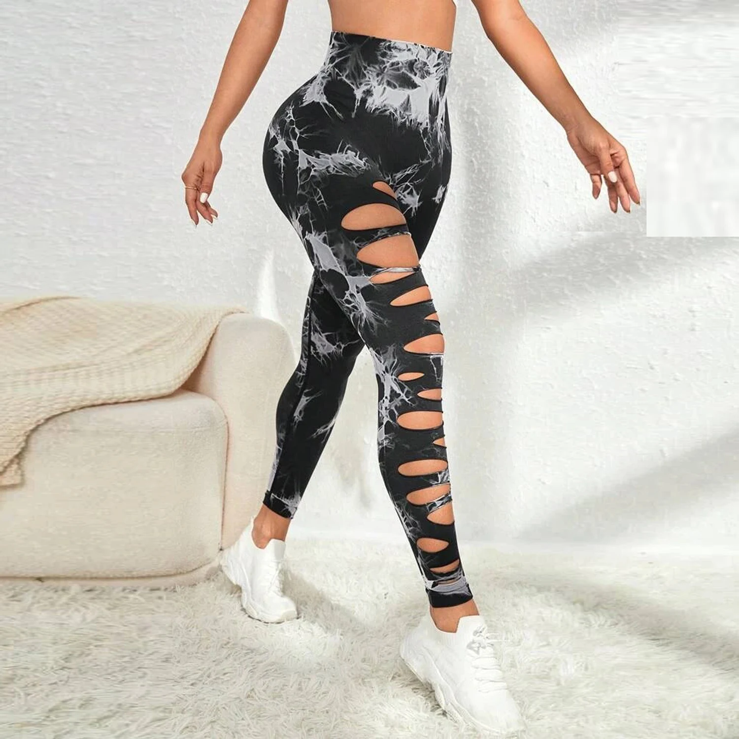 女性穴タイダイジムレギンススポーツエクササイズヨガパンツうずくまるフィットネスタイツハイウエストワークアウトトレーニングアスレチックレギンス