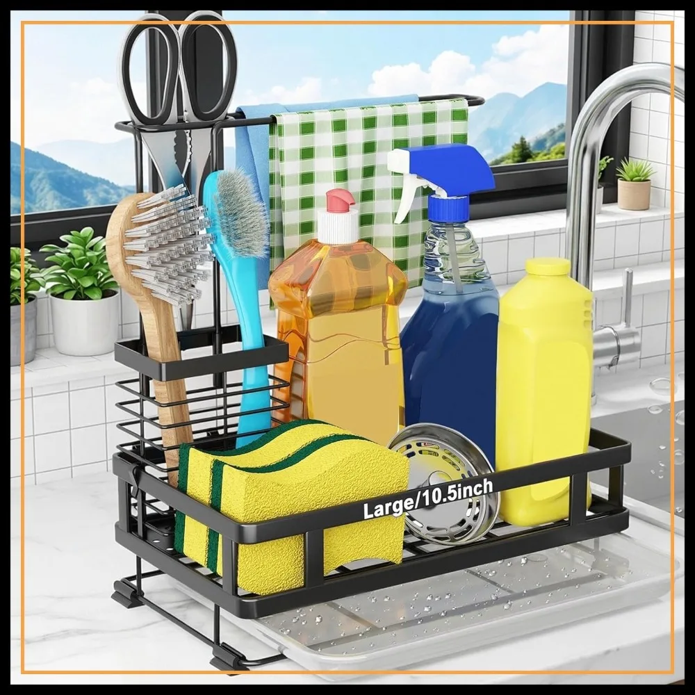 

304 Stainless Steel Kitchen Sink Organizer with Brush Rack, Dish Soap Dispenser, Sponge Holder, Drain-Pan, Cool Kitchen Gadgets