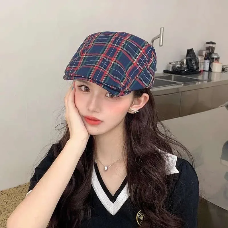 Fashion Retro Checkered Stripe Vintage Casquette Men Women Cotton Beret British Windshield Hat Street Newspaper Cap Artist Hats