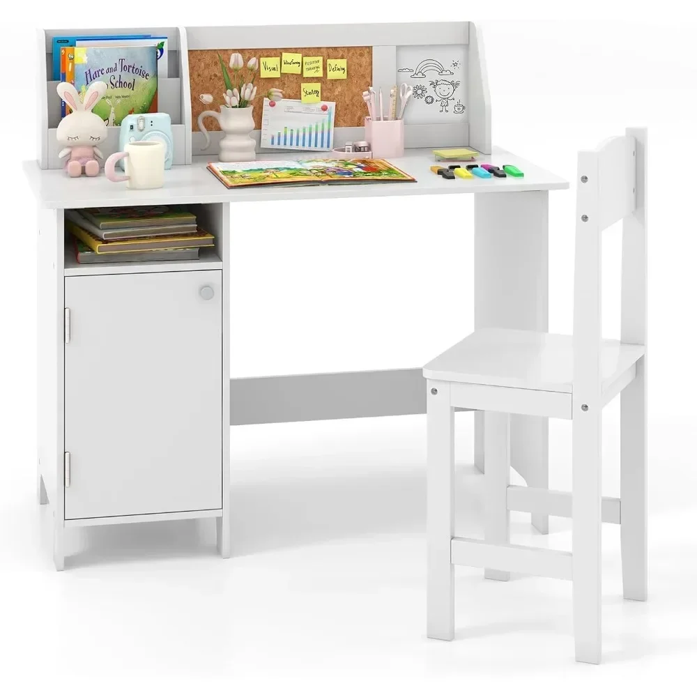 Kids Desk and Chair Set, Wooden Children Study TableCork Bulletin Board, Whiteboard & Marker, Student Computer Workstation