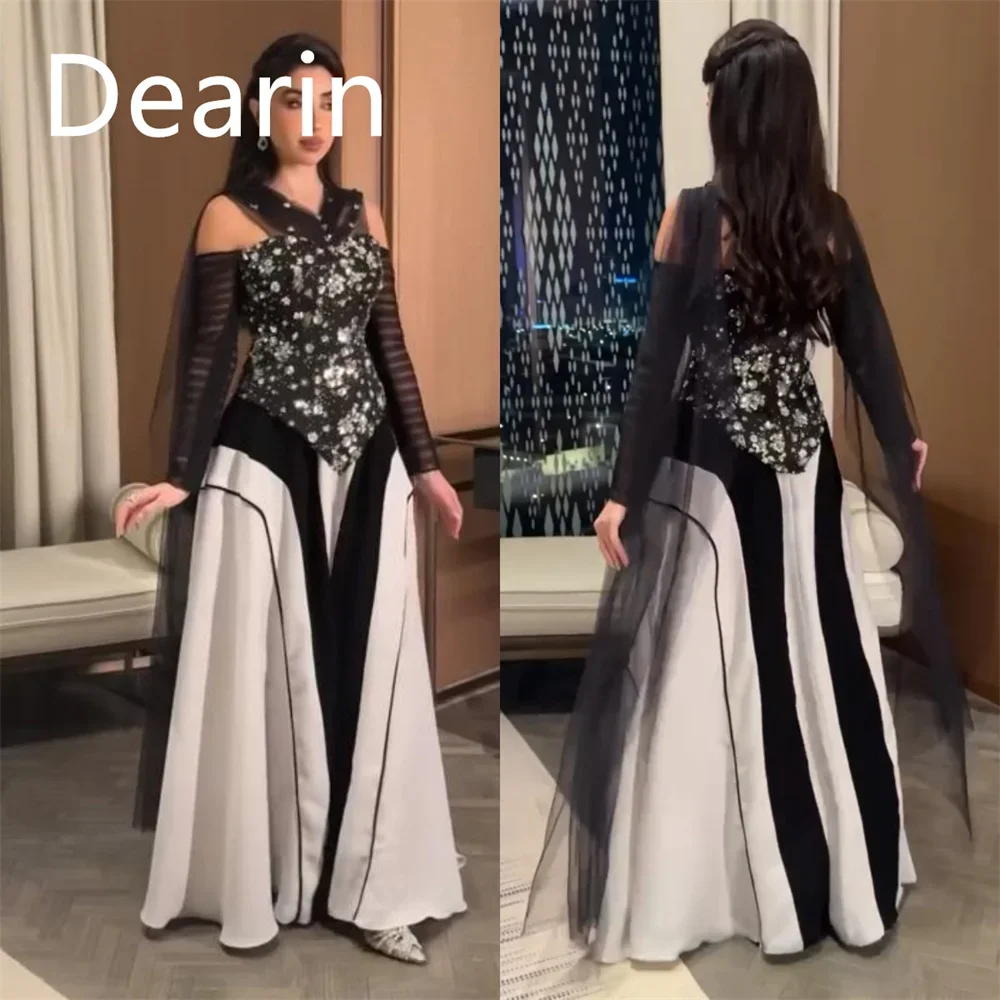 

Customized Evening Dress Prom Gown Women Party Occasion Dearin V-neck A-line Floor Length Skirts Tulle Sequin Bespoke D