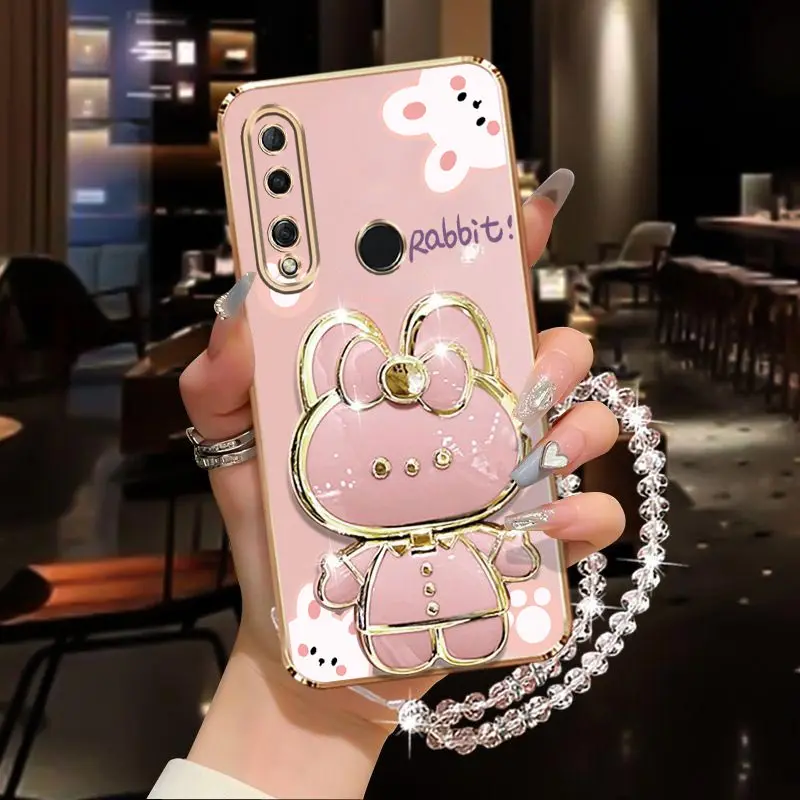 Image of Diamant Handgelenk Strap Make-Up Spiegel Kaninchen Telefon Halter Fall Auf Für Huawei P30 P20 P40 P50 P60 Lite Pro Y6P Y6 y7 2019 Stand Abdeckung