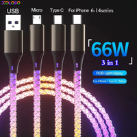 3 in 1 Glowing LED Light 6A 66W Fast Charging Micro USB Type C Cable For iPhone 14 Samsung Xiaomi Redmi Phone Charger USB Cable