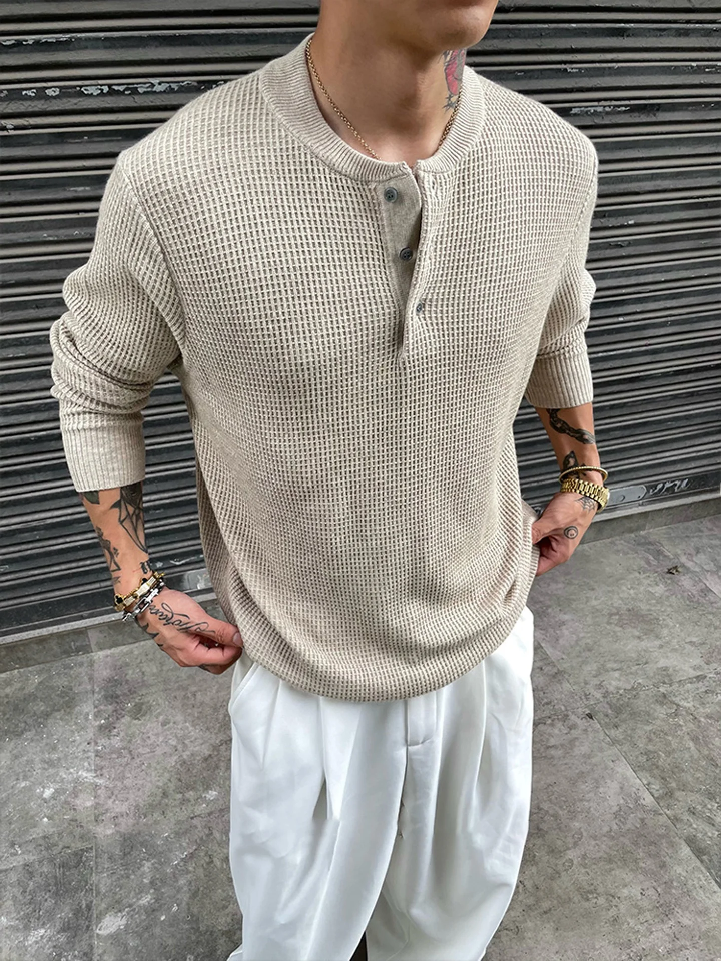 

Мужской вязаный свитер свободного кроя с воротником хенли, осенний, модный, из полиэстера, с длинным рукавом, V-образным вырезом, вафельной вязки