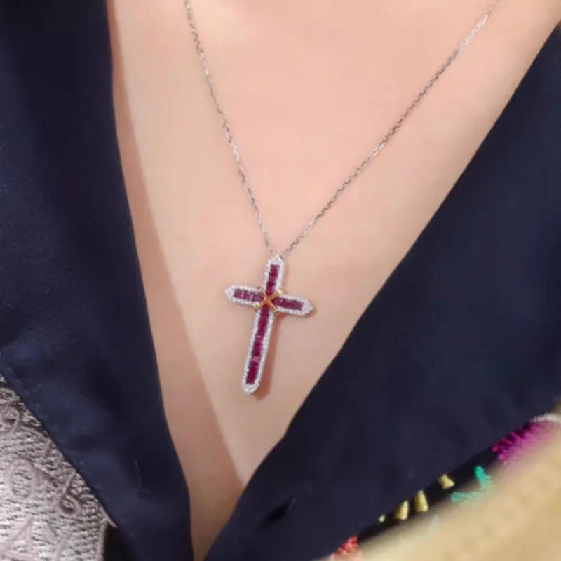 Vintage Lab Ruby Cross Pendant 925 Sterling Silver Party Wedding Pendants Necklace for Women Men Anniversary Jewelry Gift