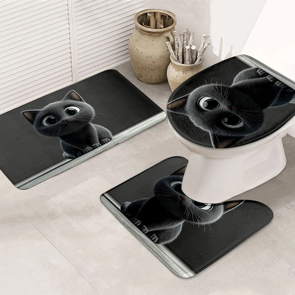 

3pcs Cute Cat Bathroom Rug Set Non-Slip U-Shaped Mat and Toilet Lid Cover Animal Print Theme Washable Indoor Floor Mats