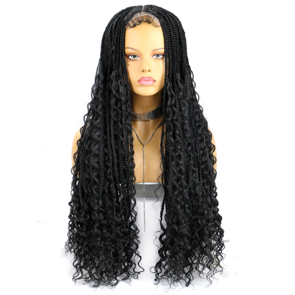 Synthetic Box Braid Crochet Lace Wig with Curly End 32 Inch Ombre Color River Locs Box Braids Wig Low Temperature Fiber Lace Wig