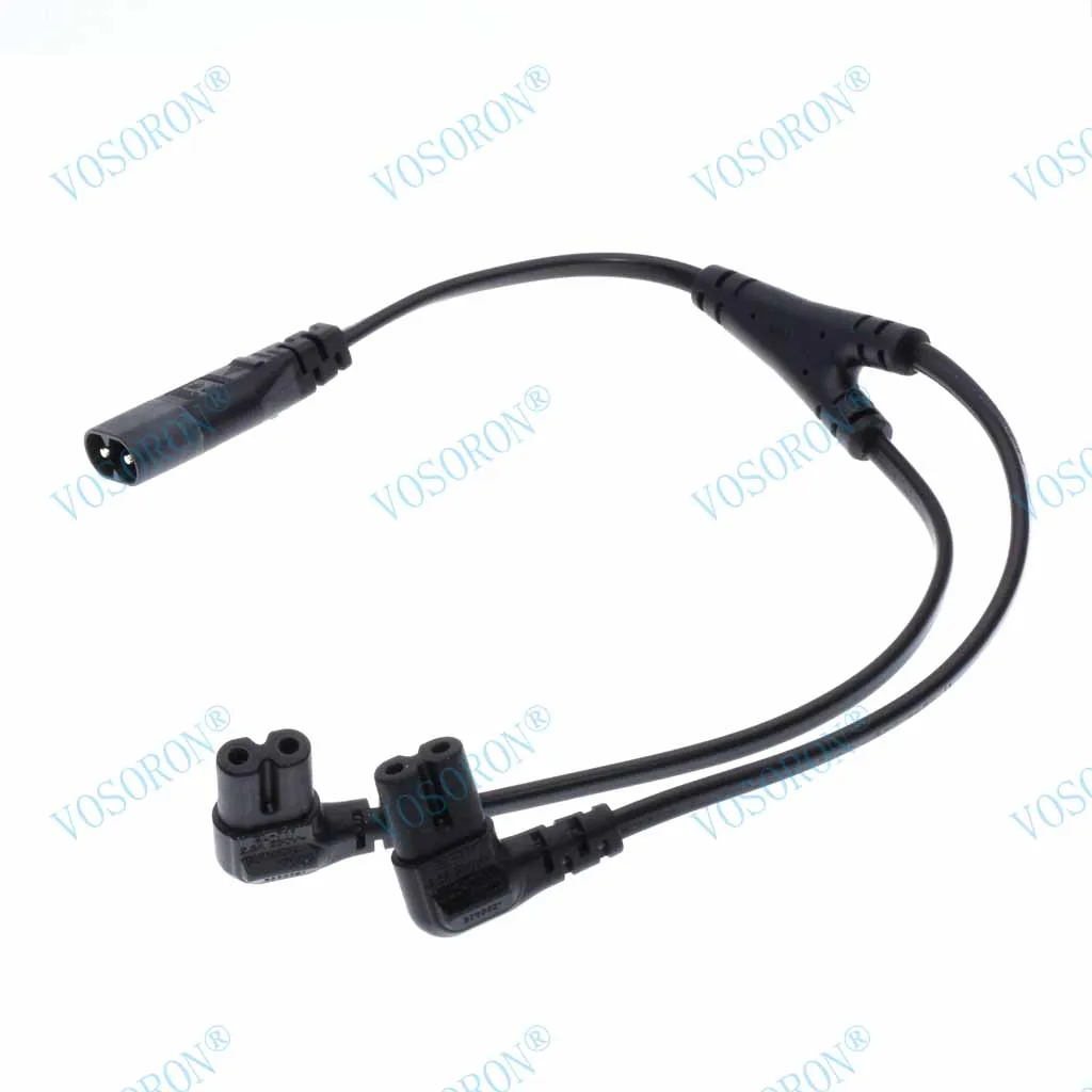 IEC 320 C8 to Dual C7 Y Splitter Power Cable Figure 8 Male to Double Right Angle Female Adapter 1 in 2 Out AC Power Cord