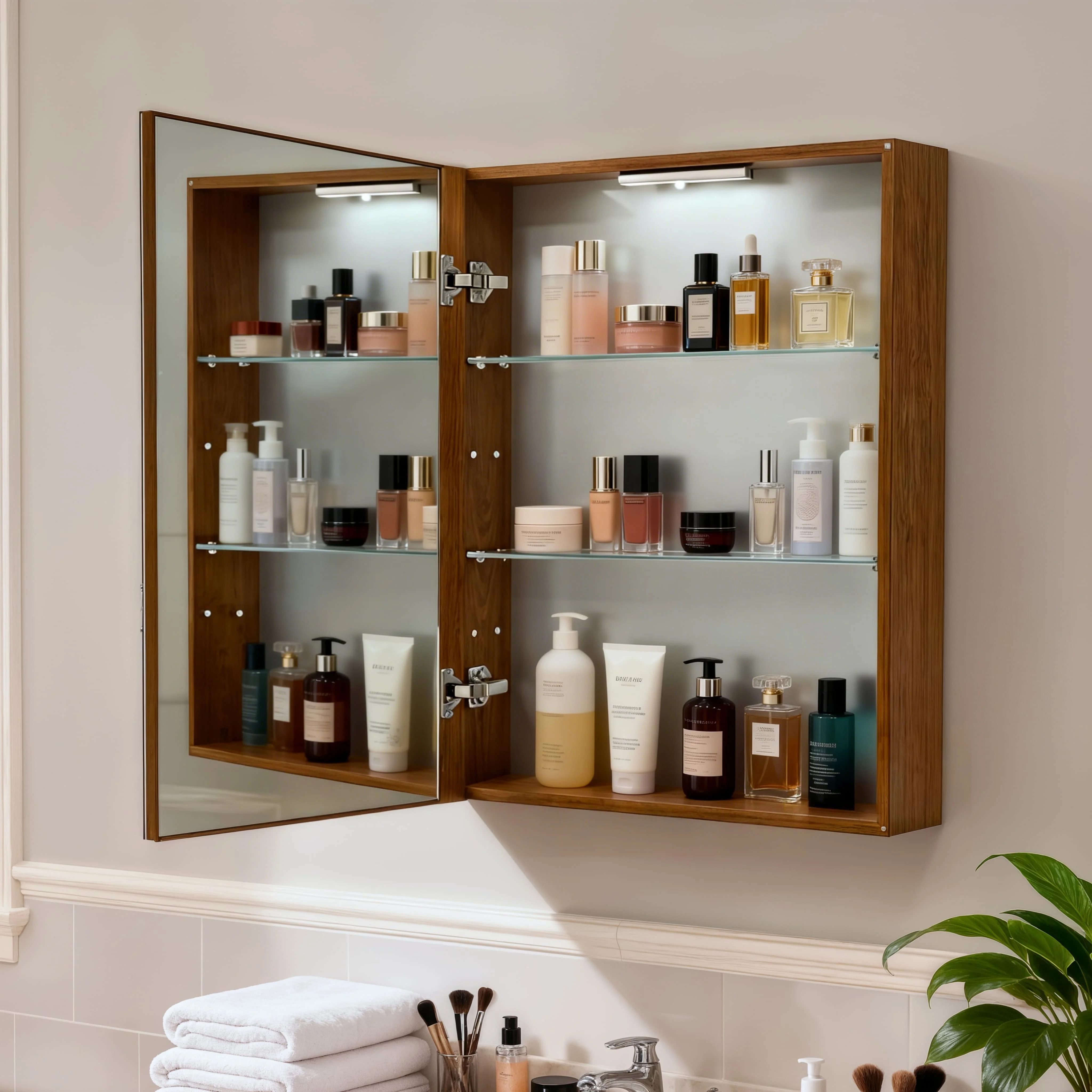 Bathroom Mirror Cabinet Wall Medicine Storage Cabinet with Motion Sensor LED Light, Single Door, Aluminum Framed, Walnut Wood Color, Silent Hinges