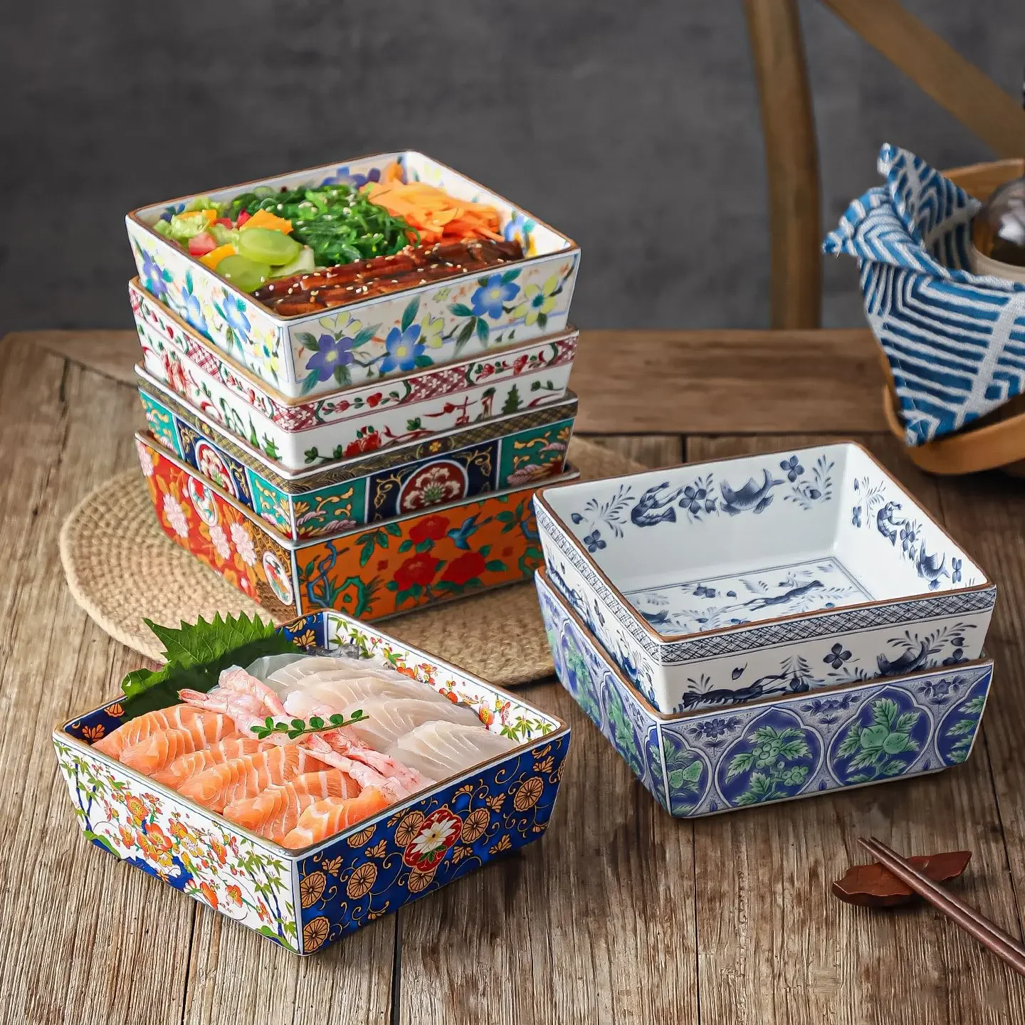 Japanese ceramic deep plate Japanese cuisine tableware square plate sashimi bowl deep bowl kaiseki lunch box