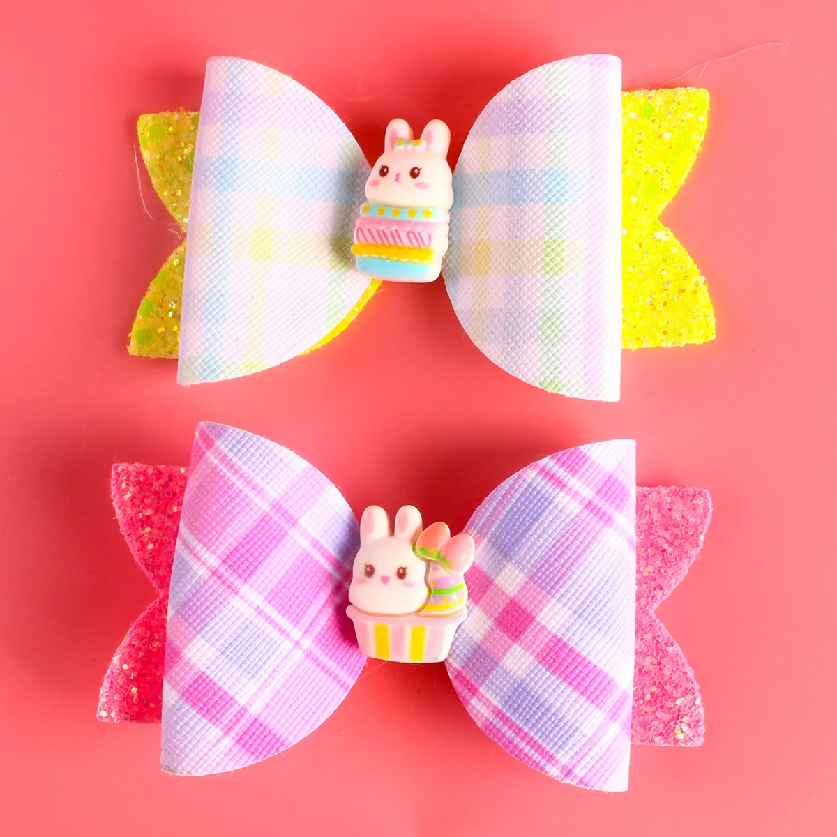 10pcs Glitter Plaid Print Bow Bunny Barrettes Rabbit Bowknot Haairpins Easter Headwear Boutique Hair Accessories for Girls