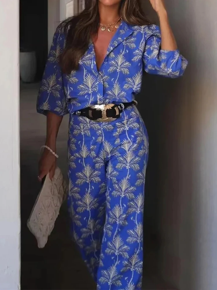 2024 Summer Blue Folower Print Women Suits Half Sleeve Loose Shirts+High Waist Wide Lge Pants Fashion Elegant Women Pants Sets