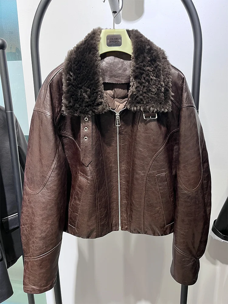 Natürliche Echte Schaffell Leder Jacke Merino Schafe Pelz Kragen Gans Unten Jacke Mantel frauen Luxus Weibliche Puffer Mäntel
