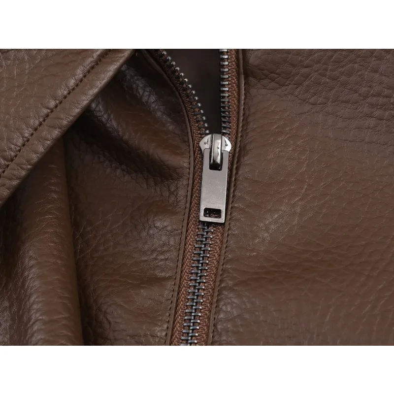 Vintage Trendy Stand Collar Faux Leather Jacket Women's Soft PU Leather Coat Biker Jacket Long Sleeve Zipper Windproof Outerwear