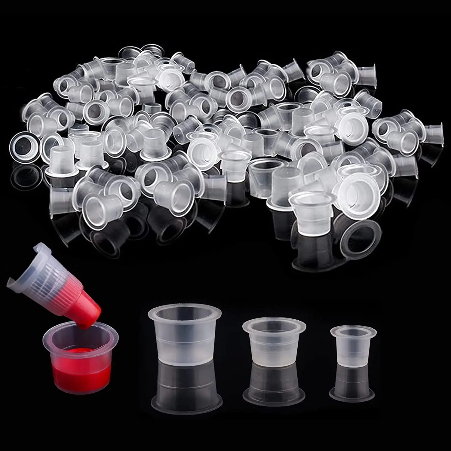 

500pcs Tattoo Ink Caps - 8mm, 13mm, 15mm Clear Plastic Cups for Tattoo Pigments and Makeup - Includes Holder Caps for Tattoo Sup