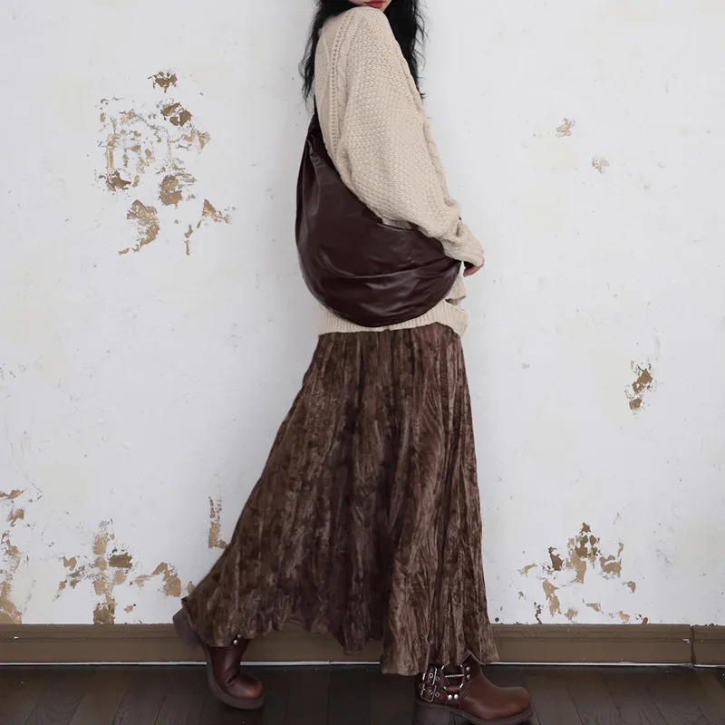 レトロヴィンテージ中国風エンボス加工ベルベット傘スカート女性用秋冬伸縮性ハイウエストロングマキシスカート