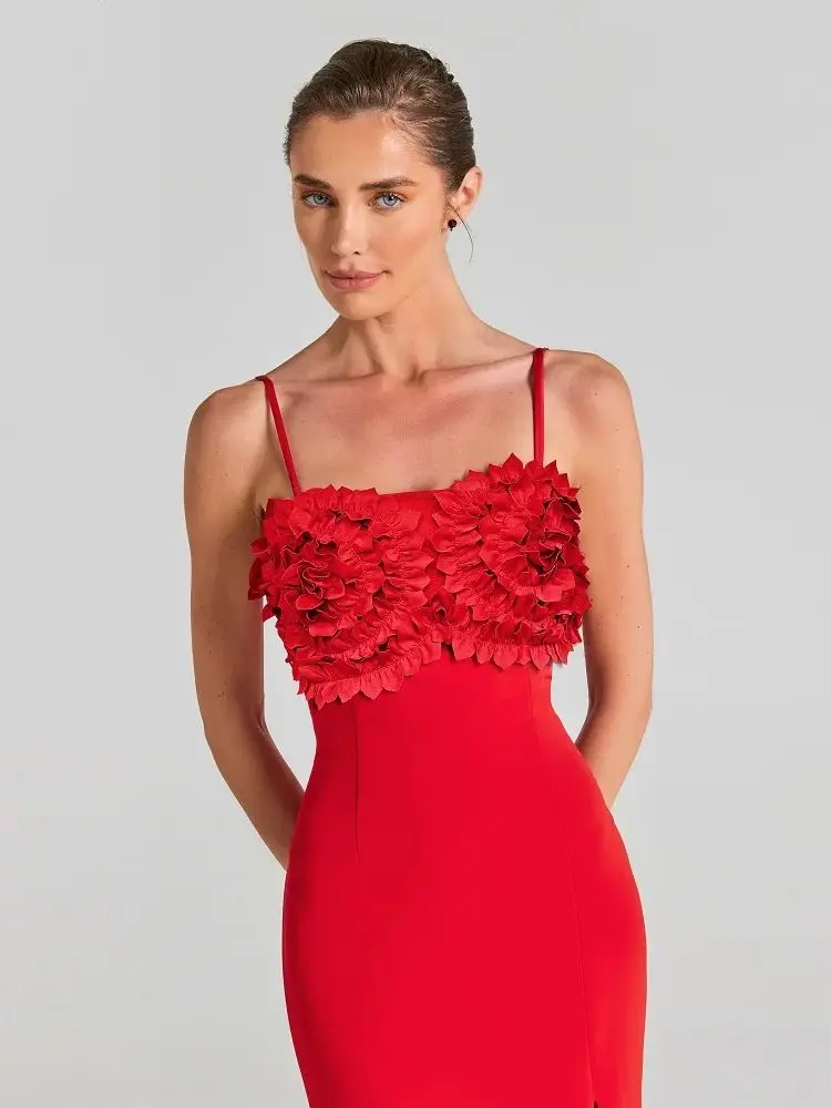 Abito floreale con fasciatura da donna elegante rosso staccabile senza spalline Spaghetti Abiti da festa di nozze Abito da sera sexy di lusso