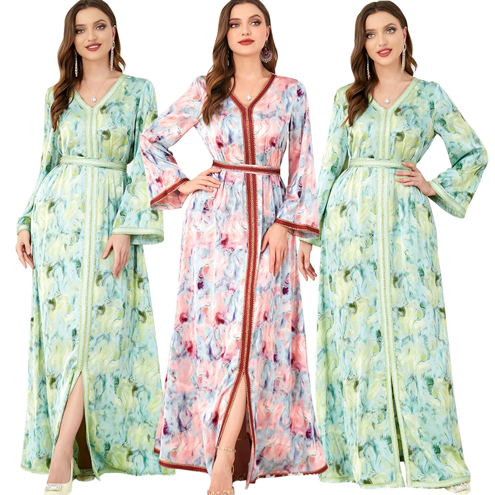 

Dubai Elegant Muslim Women Long Dress Kaftan Moroccan Jalabiya Islamic Floral Print Maxi Dress V-neck Evening Party Gown Ramadan