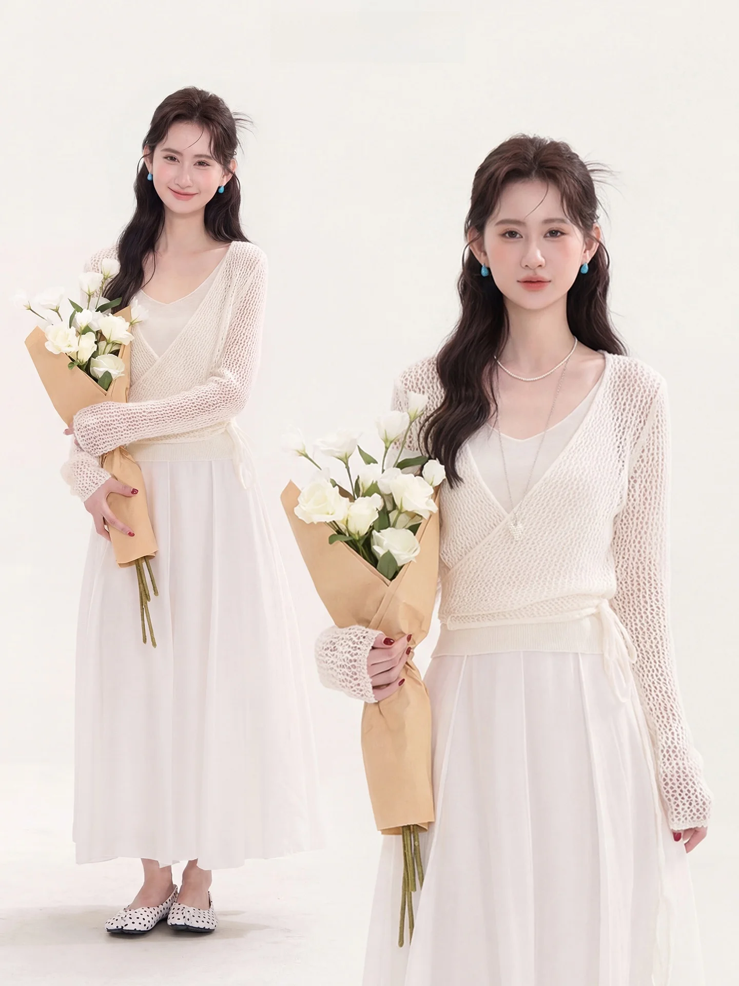 

Комплект из двух предметов Heme Loulieli Ma Hai: ажурный вязаный топ на бретельках и свободные брюки с длинными рукавами, весенний, женский, свободный крой, короткие брюки