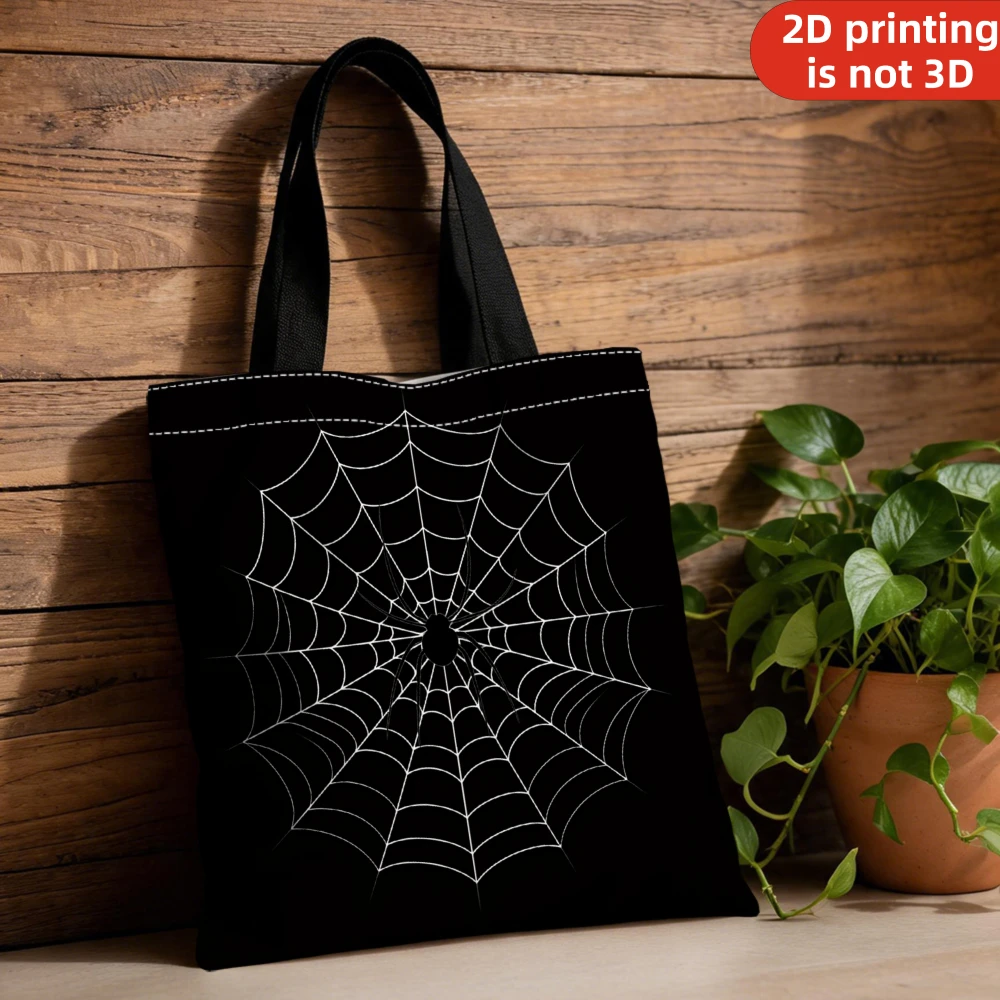 1Pc 2D Printing Black Spider Web Pattern Tote Bag For Subway Commute Shopping Travel Daily Use Fashionable Shoulder Carry Bag