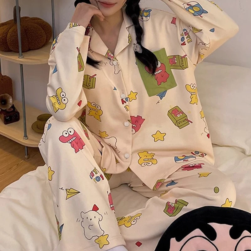 

korean cute cartoon print Women Pajamas Set Long Sleeves Girl Home Wear Two-Piece set Cardigan Sleepwear Nightwear Autumn Winter