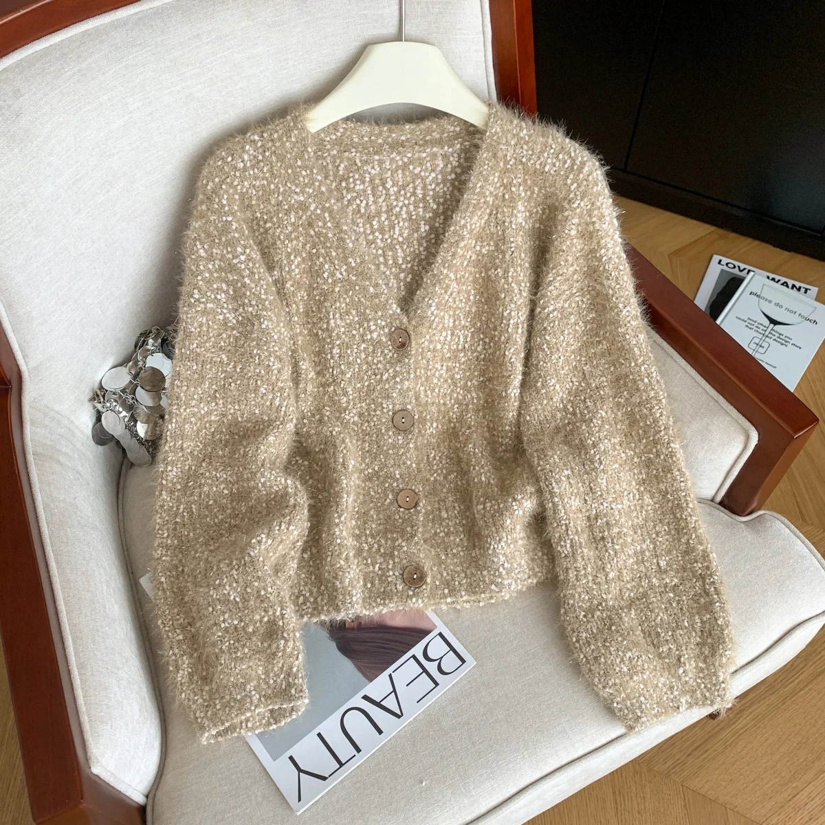 Women's Apricot Mohair Cardigan Sweater Y2k Vintage 2000s V-Neck Cozy Soft Jumper Knit Long Sleeves Sweater Autumn Winter 2025