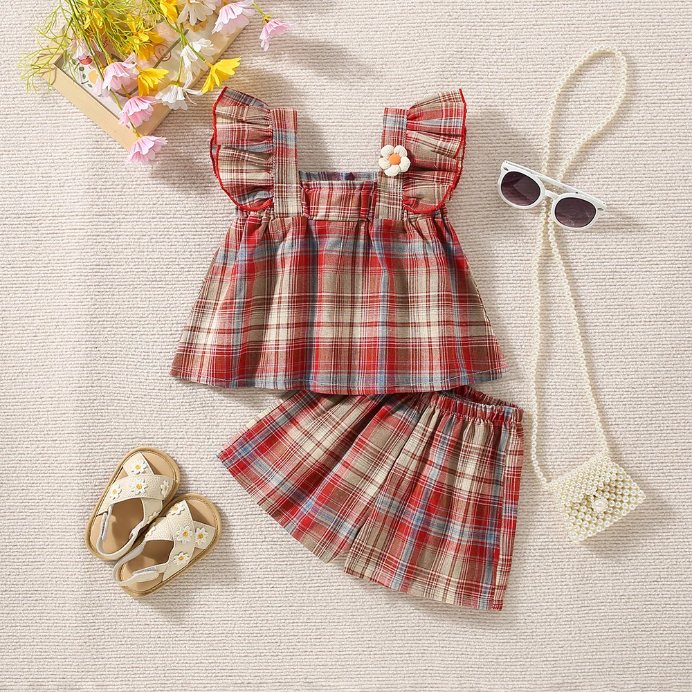 Two Piece Set Of Summer New Flying Sleeve Plaid Baby Fashionable Sleeveless Top And Matching Plaid Shorts For Little Girls