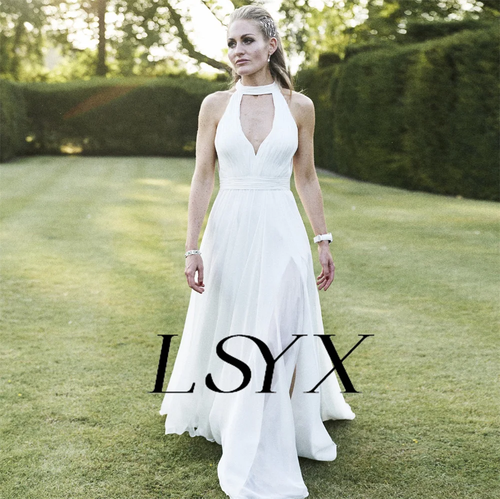 LSYX vestido de novia plisado de cuello alto Simple, gasa recortada sin mangas, cremallera trasera, abertura lateral alta, línea A, longitud hasta el suelo