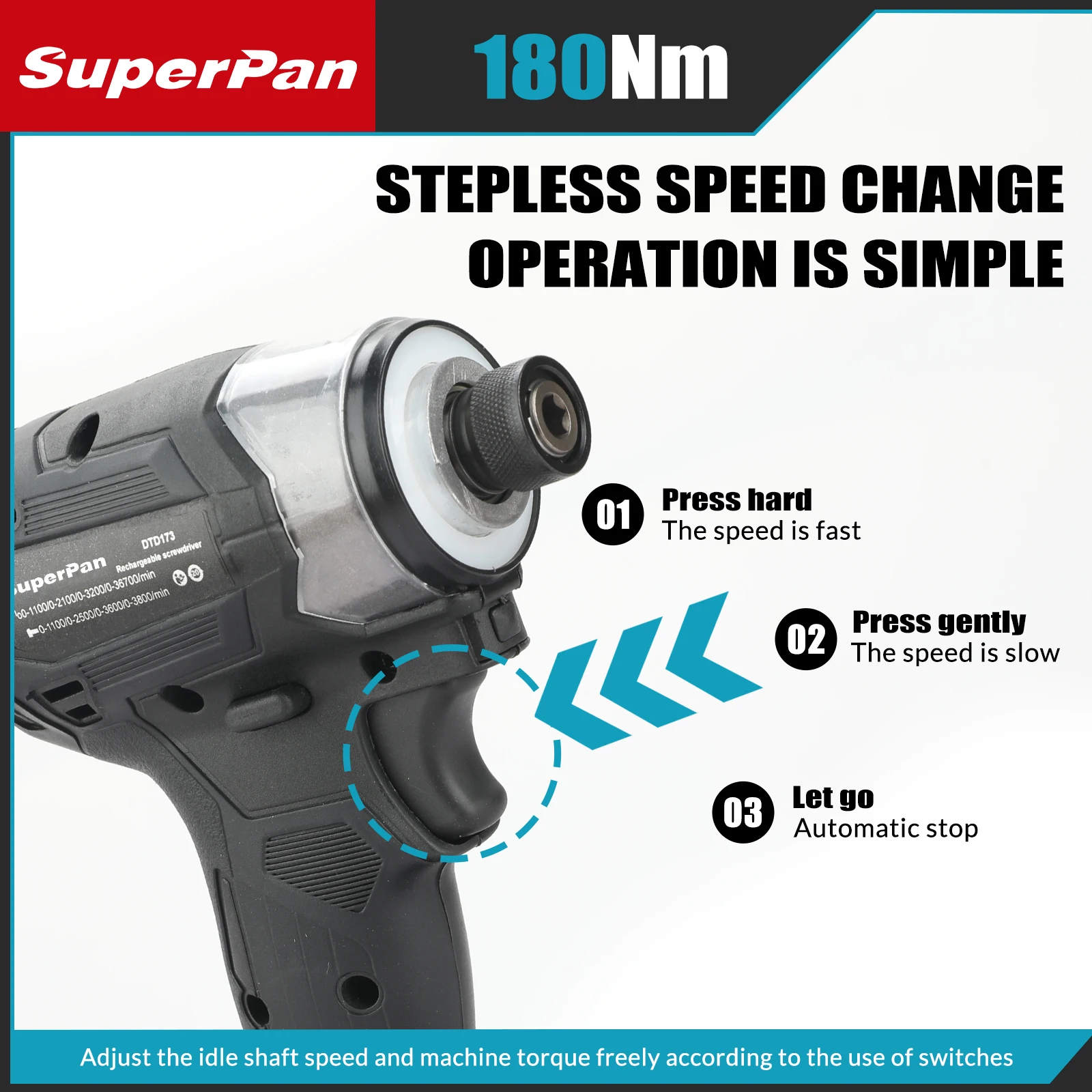 Black SuperPan SP173 Brushless Impact Driver - 180Nm Torque, T-Mode, 3600rpm for Heavy-Duty Woodworking & Bolt Fastening