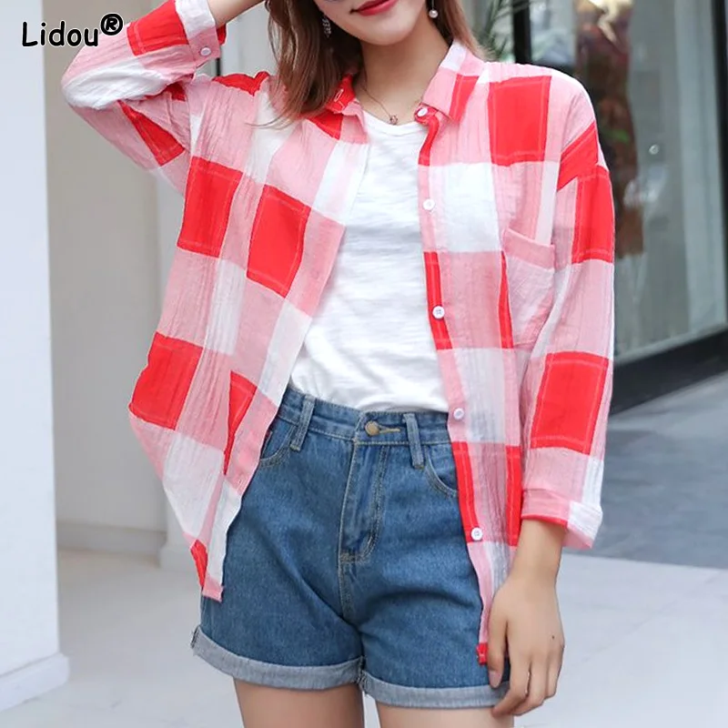 Turn-down Collar Comfortable Sports Button Plaid Blouses Three Quarter Sleeve Spring Summer Thin Loose Casual Women\'s Clothing