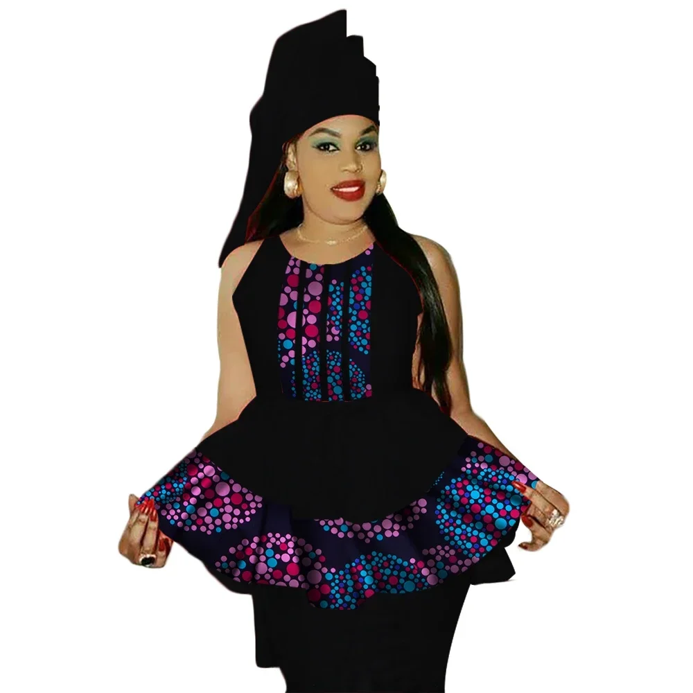 

African Traditional Dresses Set for Woman Sleeveless Tops and Skirt and Headscarf Africa Print Patchwork Skirts Set WY3039