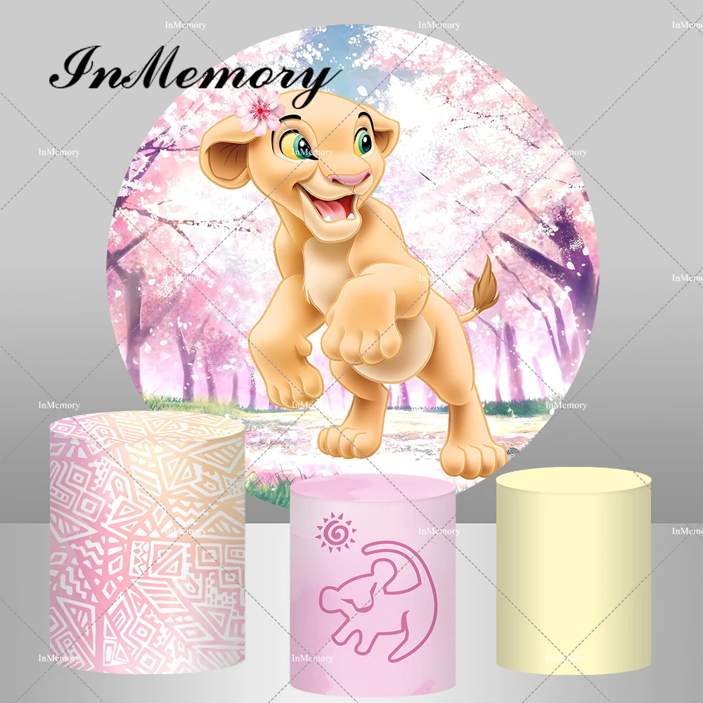 Pink Flower Tree Lion King Theme Round Backdrop Cover for Girls Baby Shower Birthday Party Backgrounds Photo Studio Prop