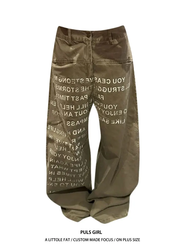 

Womens Large Size American Street Style High Waist Jeans Loose Fit Slimming Wide Leg Pants with Washed Letter Print