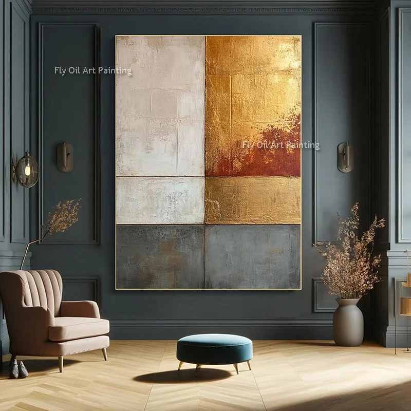 Geometric Block Abstract Hand Painted Canvas Oil Painting Gold Foil Thick Texture Modern Neutral Tone Wall Art For Home Decor